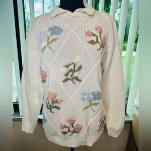 Cape Isle Knitters Vintage Embroidered by Hand  Floral Sweater Size Large